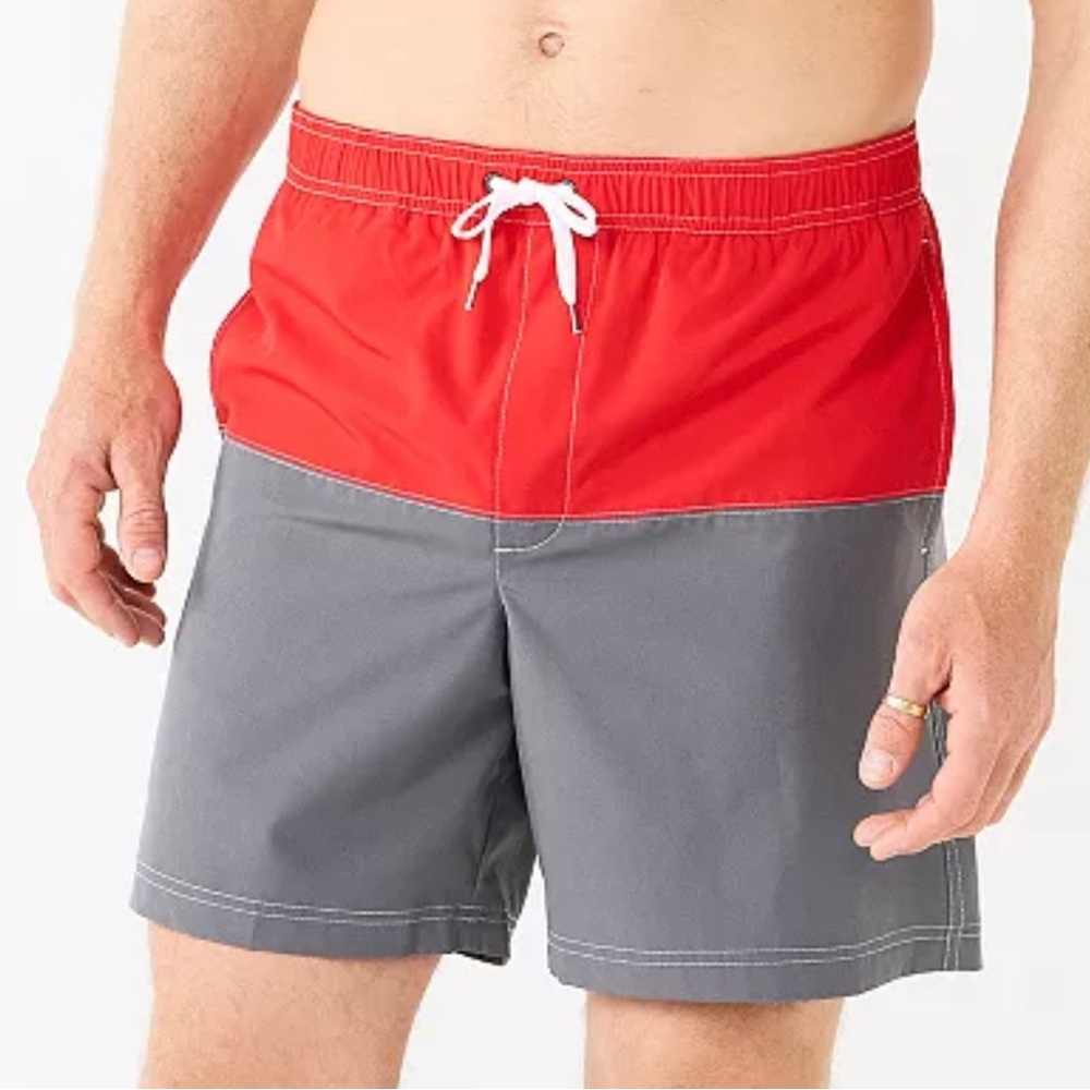 NWT Sonoma Mens Size XXL Color Block Swim Trunks Shorts‎ 7” Red And Grey